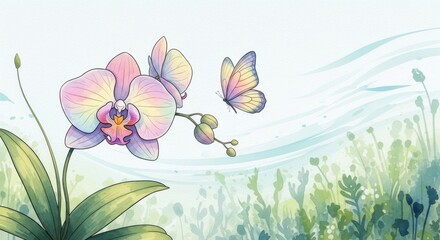 A pink orchid with two butterflies flying around it in a serene, natural landscape with greenery and a gentle, flowing background.
