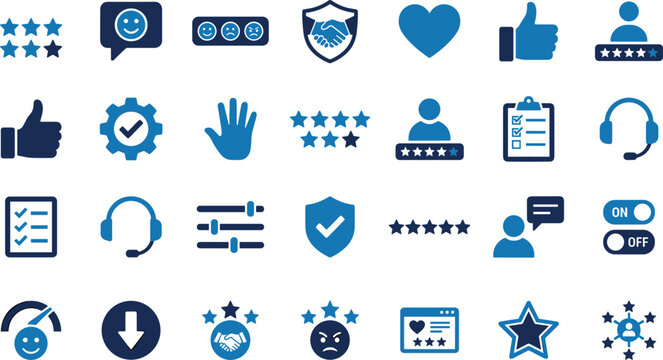 Customer feedback icons, service quality vector, user experience symbols, satisfaction rating graphics, support tools, blue tone design, communication elements, review system illustration
