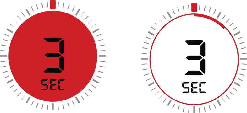 Countdown timer icons, digital stopwatch design, time tracking graphics, 3 second display, red and white interface, vector set, urgency symbol