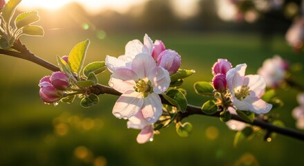 A branch with pink and white flowers, possibly apple blossoms, against a blurred green background with a sunlit horizon.