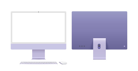Computer monitor device with keyboard and mouse, desktop pc blank screen mockup template in purple color. Vector illustration