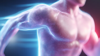Abstract 3D illustration of a human torso with glowing digital lines, futuristic medical technology concept for health data, anatomy, innovation, and science background.