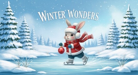A cute bunny skating on a snowy landscape with a Christmas ball in its hand.