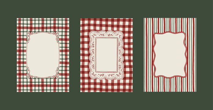 Vintage Christmas lace frames collection on tartan charming background. Retro hand drawn cozy retro winter holiday borders clipart set. Vintage Christmas ornate empty frame template design. Blank card