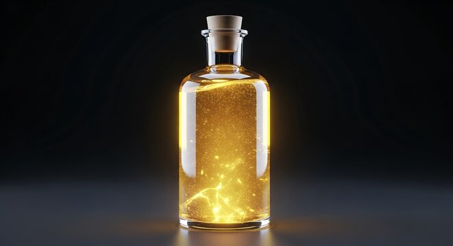 Golden Elixir in a Clear Glass Bottle with Cork Stopper on a Dark Background.