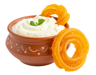 Fresh Jalebi and Rabri Pairing, Side Angle View, Rustic Bowl