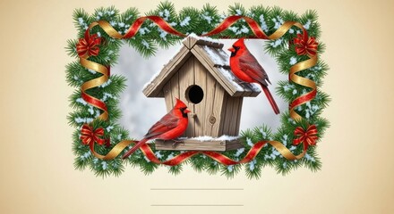 Two red cardinals perched on a snowy birdhouse with festive holiday decorations.
