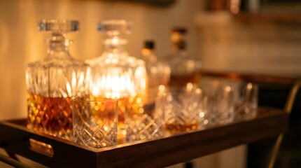 Elegant Whiskey Decanters and Glasses on a Bar Cart
