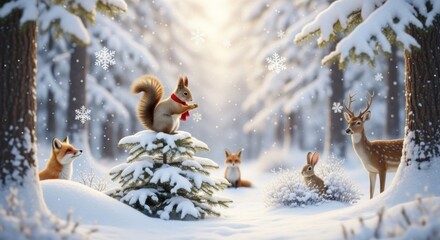 A squirrel, fox, rabbit, and deer in a snowy forest with snowflakes falling.