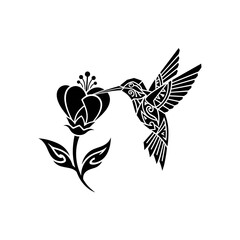 Fototapeta premium Hummingbird feeding on heart-shaped flower with geometric design 