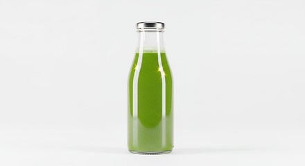 Green Juice Bottle with Silver Cap on White Background.
