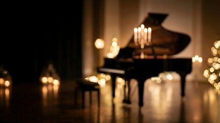 Elegant Grand Piano with Candlelight and Bokeh Lights