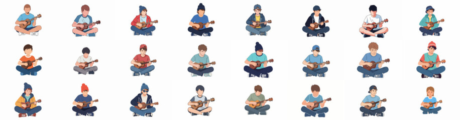 Diverse young men and boys playing ukulele set. Casual musicians sitting cross-legged, performing music. Vector character collection.