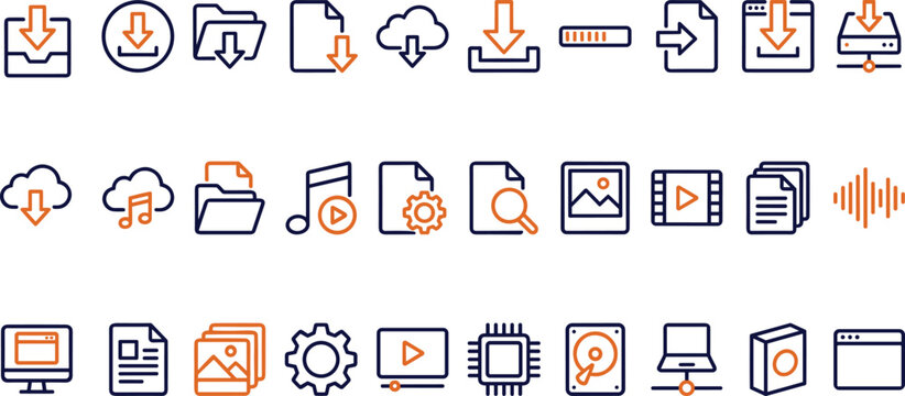 Digital icons, cloud storage, file management, media symbols, upload download, folder system, tech interface, minimal design, blue orange, computing elements, vector pack