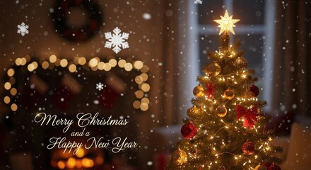 A beautifully decorated Christmas tree with lights and ornaments in a cozy living room with a fireplace and snow falling outside.