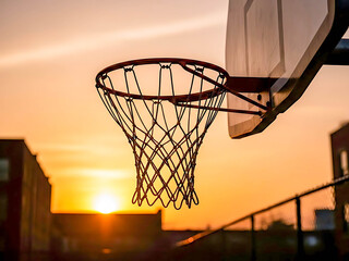 Basketball hoop against sunset backdrop in urban playground  