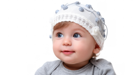 Adorable baby wearing an eeg cap, lying on its stomach and exploring the world with curiosity, showcasing a medical examination or research concept on a transparent background