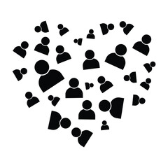 Black user icons forming heart shape, symbol of love, community and social connection. Vector illustration with people concept on transparent background.