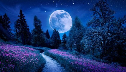 a moonlit path winds through a mystical forest past flowering meadows and ancient trees under a large vibrant blue moon and starlit sky