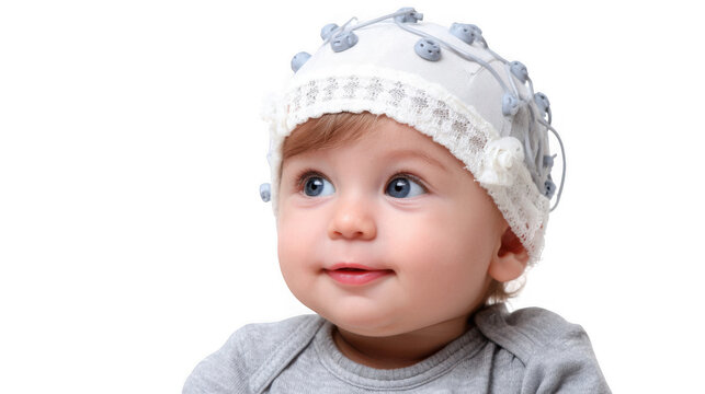 Adorable baby wearing an eeg cap, lying on its stomach and exploring the world with curiosity, showcasing a medical examination or research concept on a transparent background
