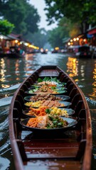 Obraz premium Wooden Boat Filled With Diverse Foods Sails Down a Tropical Canal Lined With Glowing Stalls at Dusk