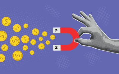 Business marketing banner for social media with halftone hand sticker, torn paper texture, finance icon, infographic elements on modern web background