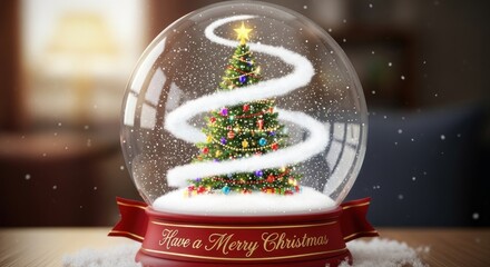 A snow globe with a Christmas tree inside, decorated with lights and ornaments, against a blurred background.