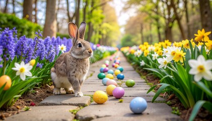 A stone garden path lined with vibrant spring flowers like hyacinths and daffodils. A rabbit is mid-hop next to a trail of bright Easter eggs.