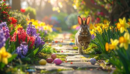A stone garden path lined with vibrant spring flowers like hyacinths and daffodils. A rabbit is mid-hop next to a trail of bright Easter eggs.