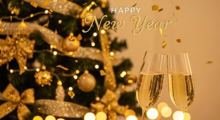 Two champagne glasses with confetti and a Christmas tree in the background.