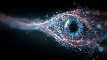 Futuristic digital eye with swirling cosmic particles iris pupil