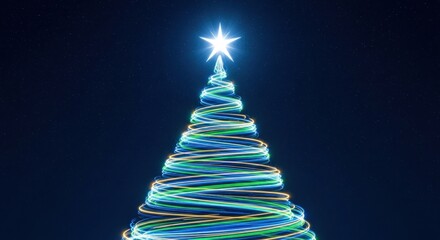 A colorful, abstract Christmas tree with a star at the top against a dark background.