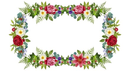 A floral wreath with red, white, and pink roses, green leaves, and blue flowers.