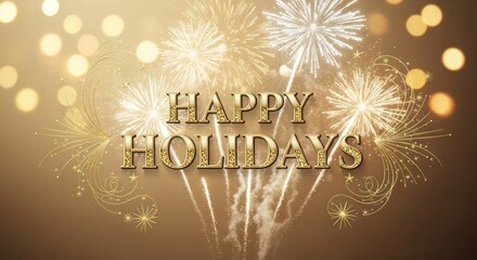 Golden fireworks and fireworks on a brown background with the words 'Happy Holidays' in the center.