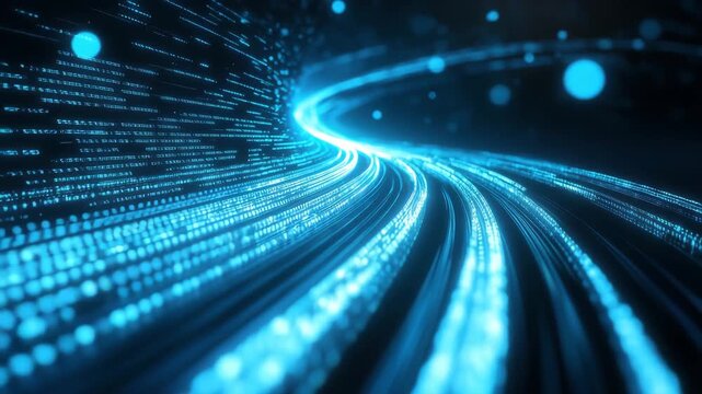 Glowing blue digital tunnel with data streams and light trails on a dark background with bokeh effect 4k video