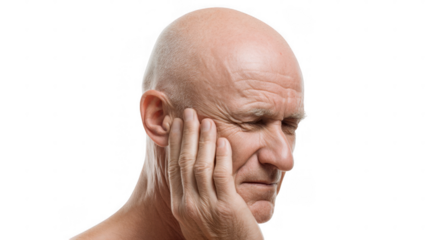 Senior man closing his eyes and expressing deep suffering, isolated on a transparent background, perfect for seamless compositing in various design projects