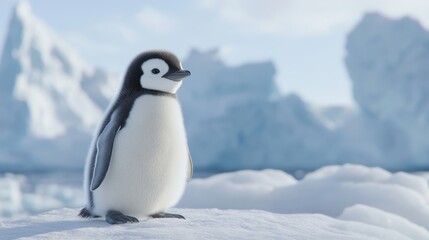 Obraz premium Baby penguin stands on icy ground in cold landscape