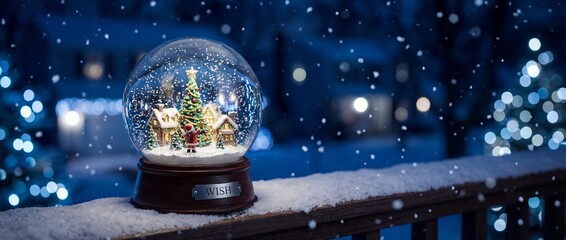 Christmas snow globe on snowy railing creating winter magic
