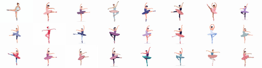 Set of stylized vector illustrations showing female ballet dancers in various graceful poses, wearing colorful costumes and pointe shoes, performing classical choreography.