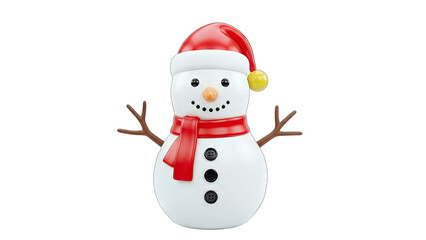 Cute 3D Snowman with Santa Hat and Scarf on White Background