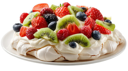 Australian pavlova topped with fresh fruits background isolated on a Transparent background, PNG file.