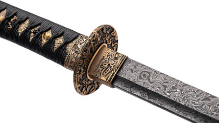 Authentic katana sword with Damascus steel pattern on blade isolated on a Transparent background, PNG file.