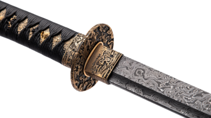Authentic katana sword with Damascus steel pattern on blade isolated on a Transparent background, PNG file.