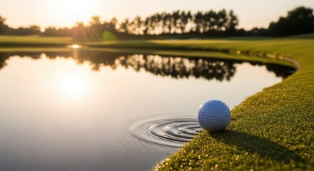 A golf ball on the edge of a pond at sunset.