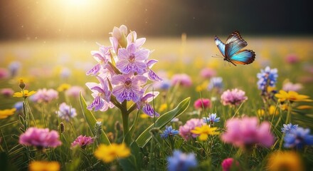 A vibrant meadow with a butterfly and flowers in the sunlight.