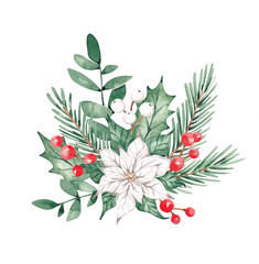 Watercolor Christmas bouquet Traditional winter foliage - poinsettia flowers, red berries, leaves, fir branches. For designing festive card, banner, invitation. Festive Christmas design
