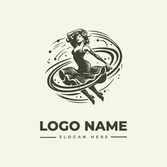 Illustration of a woman in a dynamic logo design with swirling lines and dots on a beige background, featuring a logo name and slogan.