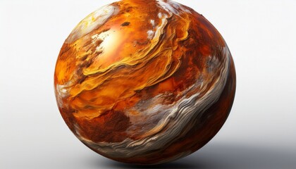a detailed digitally rendered sphere depicting a scorched rusty orange planet with dark canyon like features and subtle white polar caps against a white background