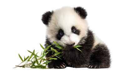 Baby panda sitting and eating bamboo background isolated on a Transparent background, PNG file.