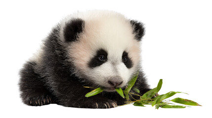 Baby panda sitting and eating bamboo background isolated on a Transparent background, PNG file.